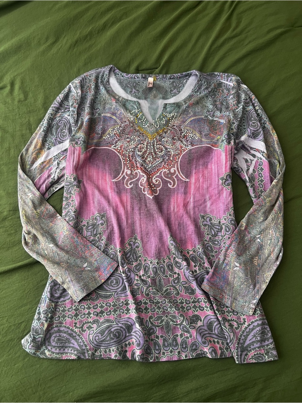 Kiara Pink Paisley Rhinestone-Embellished Long Sleeve Top
